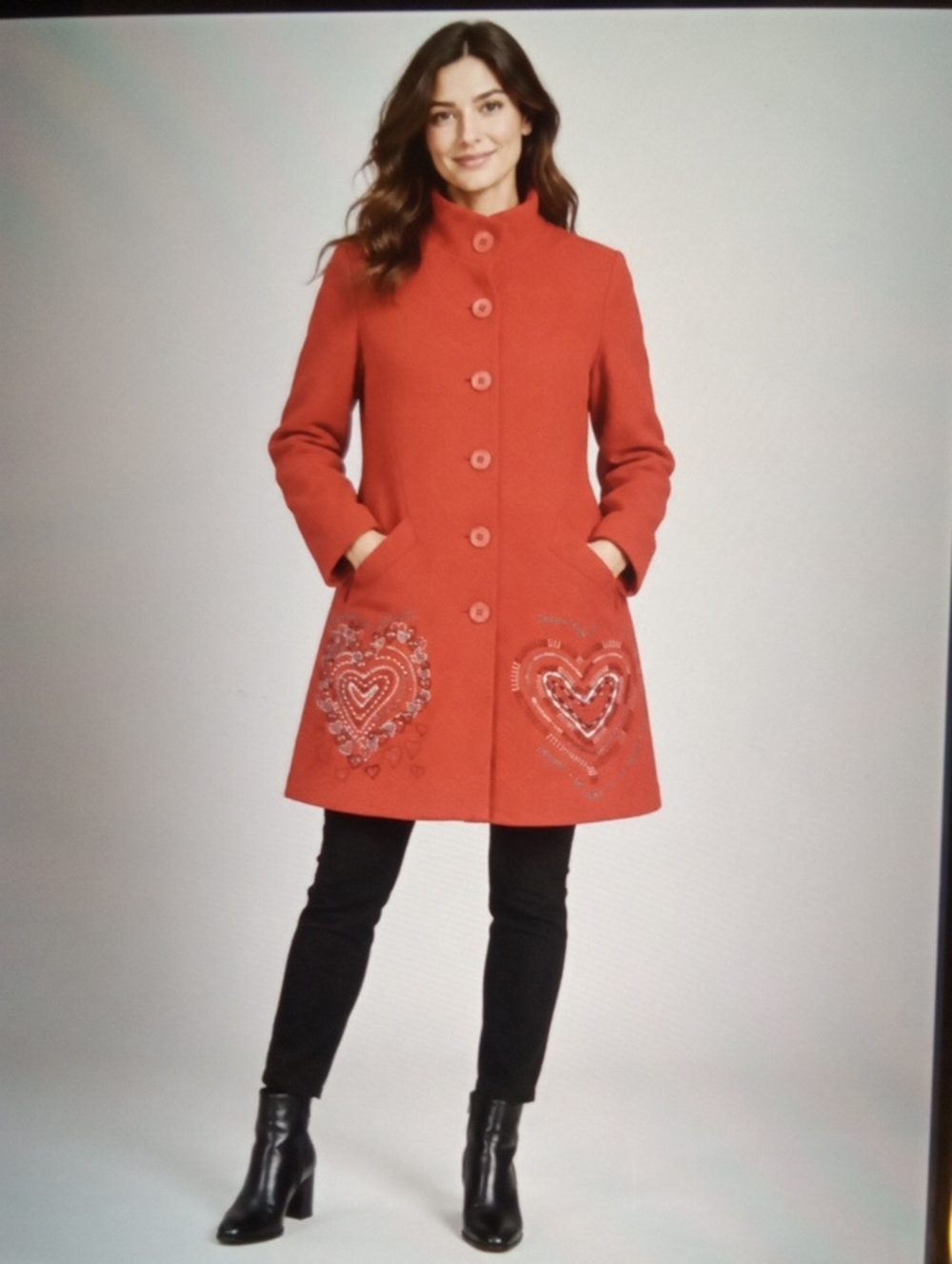 Desigual Red Button-Front Pea Coat with Heart Embroidery Cotton Artsy Valentines
